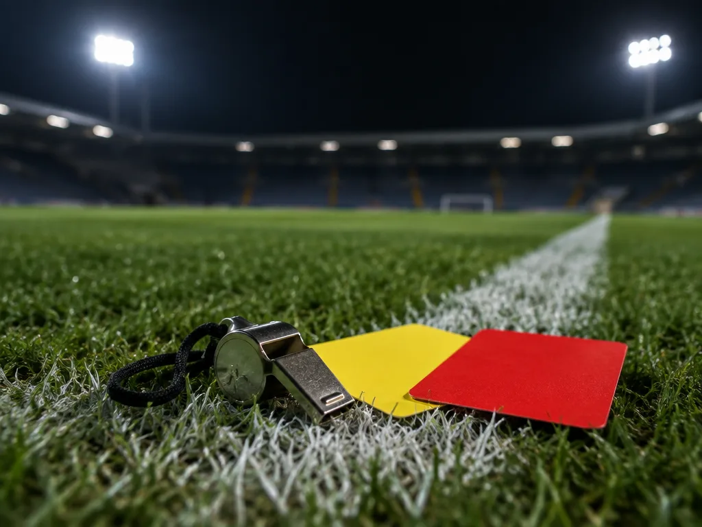Domarens visselpipa med gult och rött kort vid en vit linje på en strålkastarbelyst fotbollsarena