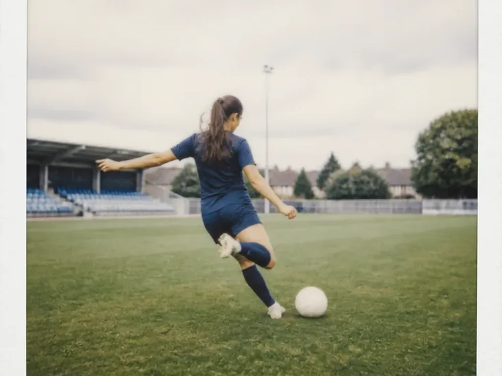 Instant-film-foto av en kvinnlig fotbollsspelare i enfärgad matchtröja på en gräsplan, inget ansikte synligt, ingen text