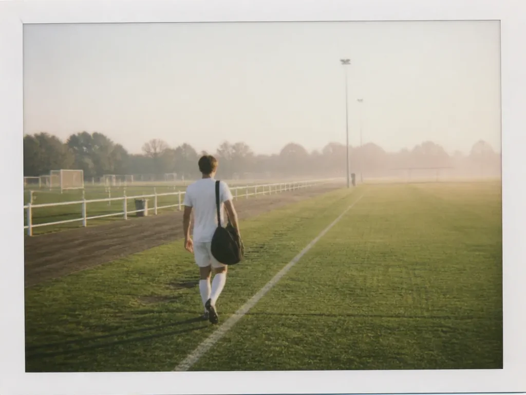 Instant-film-foto av en sportväska och ett par fotbollsskor packade vid en flygplatsgate, ingen person synlig, ingen text