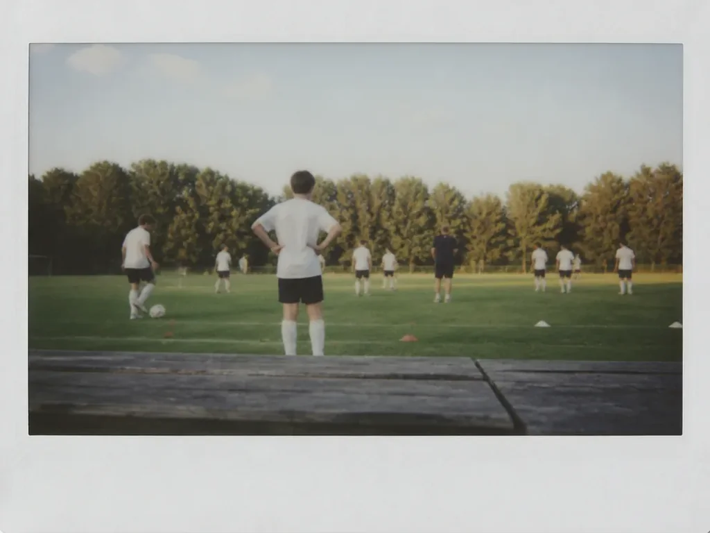 Instant-film-foto av unga fotbollsspelare i enfärgade träningströjor på en akademiplan, inga ansikten synliga, ingen text