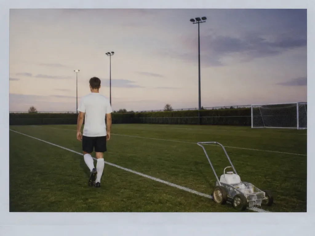 Instant-film-foto av en tom läktare och en tom gräsplan i kvällsljus, inga personer synliga, ingen text