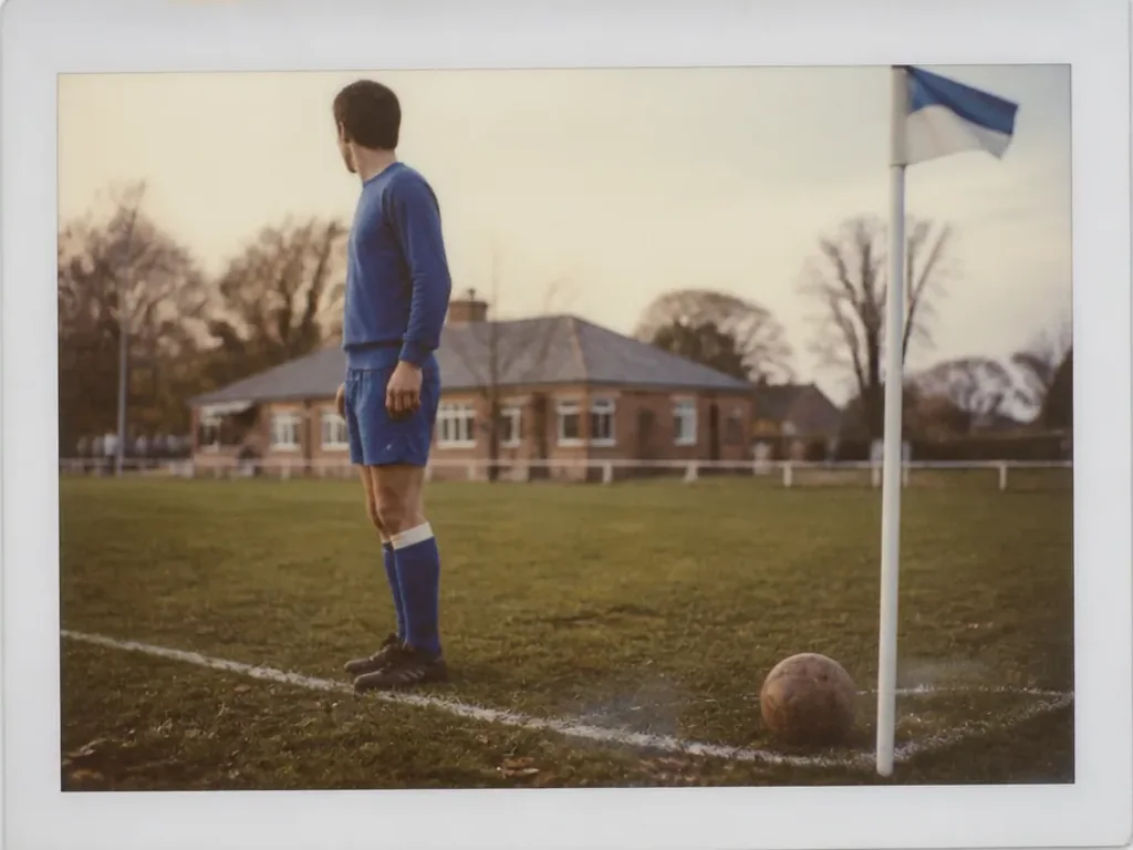 Instant-film-foto av en fotboll som ligger på en regnvåt gräsplan vid mittcirkeln, ingen spelare i bild, ingen text