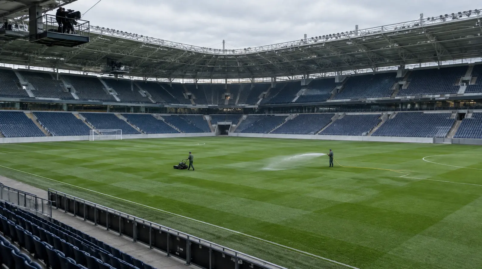 Tomma läktare och grönt gräs på en stor fotbollsarena en vardag utan match